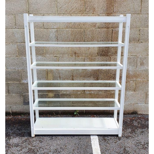 1075 - Modern six-shelf unit, the white painted frame with glass shelves, 182cm x 140cm x 41cm