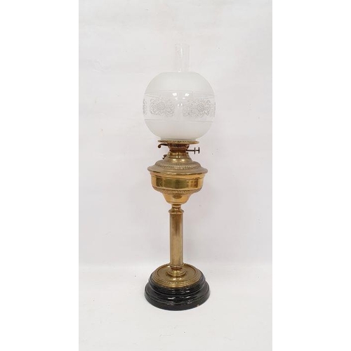 108 - Brass oil lamp, as a Corinthian column on circular stepped foot with the glass chimney and etched an... 