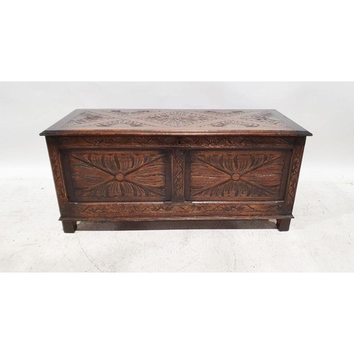 1083 - 20th century oak blanket chest with carved top and front panels, on block supports, 48cm x 105cm x 4... 