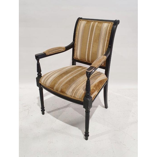 1090 - Early 20th century armchair in gold striped upholstered back, seat and arms, on wrythen turned and f... 