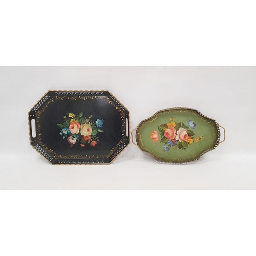 111 - Two tin trays decorated in the Barge fashion, both with galleried edges (2)