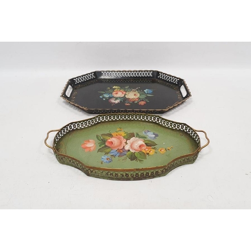 111 - Two tin trays decorated in the Barge fashion, both with galleried edges (2)