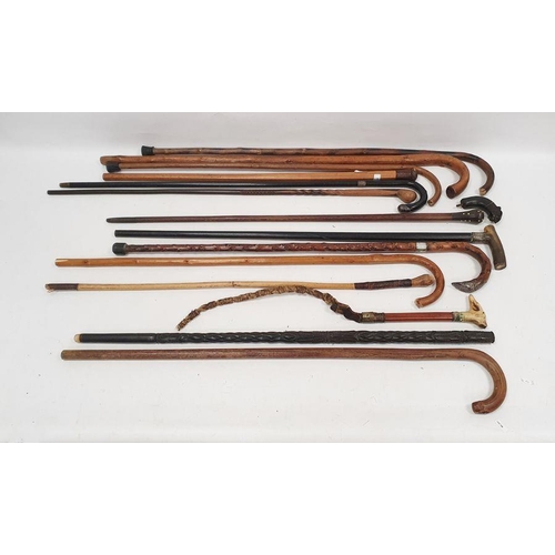 112 - Quantity of assorted walking sticks to include a child's hunting crop with the horn handle formed as... 