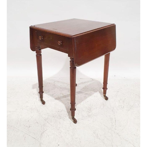 1166 - 20th century mahogany Pembroke table, with single drawer, on turned legs to brown china castors, 73c... 