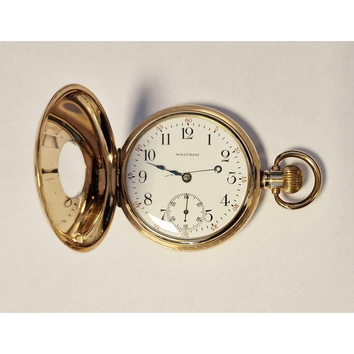 343 - Waltham rolled gold half-hunter pocket watch with white enamel dial and blue Roman numerals to the o... 