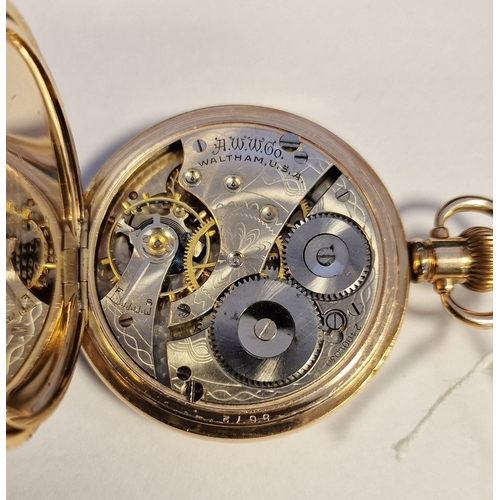 343 - Waltham rolled gold half-hunter pocket watch with white enamel dial and blue Roman numerals to the o... 