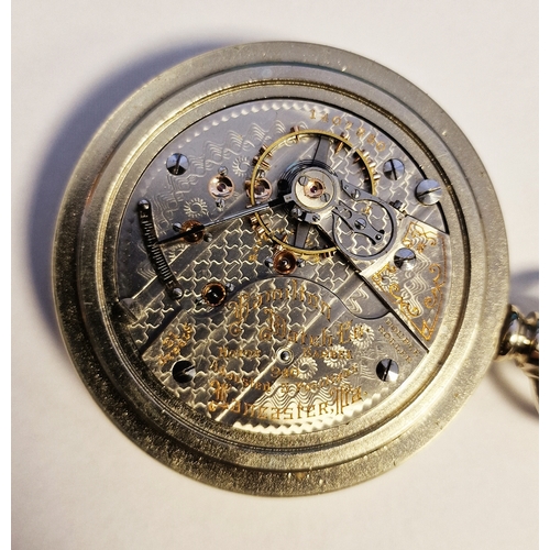 344 - Hamilton silver-plated pocket watch with subsidiary seconds dial and engraved steam engine to revers... 