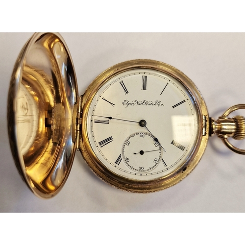 346 - Elgin gent's rolled gold hunter pocket watch with white enamel dial, Roman numerals and in foliate e... 