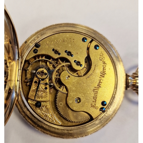 346 - Elgin gent's rolled gold hunter pocket watch with white enamel dial, Roman numerals and in foliate e... 