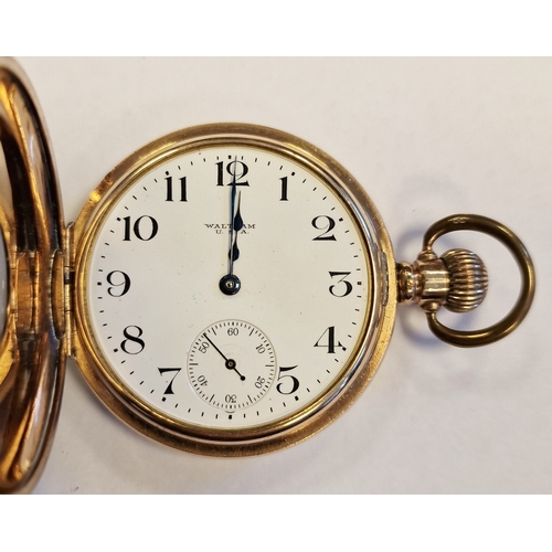 349 - Waltham gent's rolled gold half-hunter pocket watch with white enamel dial and subsidiary seconds di... 