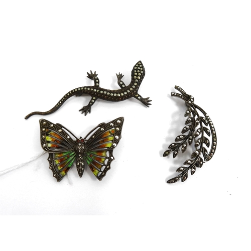 354 - Continental silver, enamel and marcasite butterfly brooch with pierced wings, a marcasite lizard bro... 