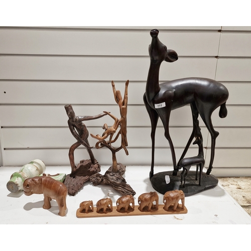 172 - Large mid century model of gazelle suckling calf, two stylised carved wood figural ornaments, a hipp... 