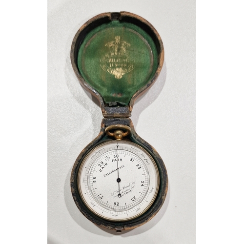 205 - Late 19th century brass cased pocket barometer by Callaghan & Co (London), with silvered dial, the l... 