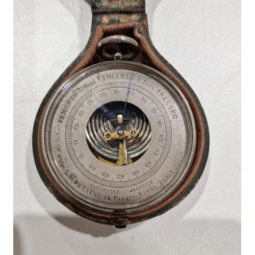 213 - Late 19th century French chrome cased open faced pocket barometer by La Fontaine (Paris),  with skel... 