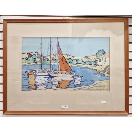 440 - J McLaren (20th century school) 
 Watercolour/gouache
 Boats in harbour, indistinctly titled, signed... 