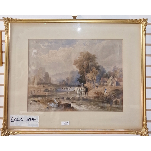 460 - Attributed to Thomas Creswick 
 Watercolour 
 Figure and horses in river, unsigned, labelled verso i... 