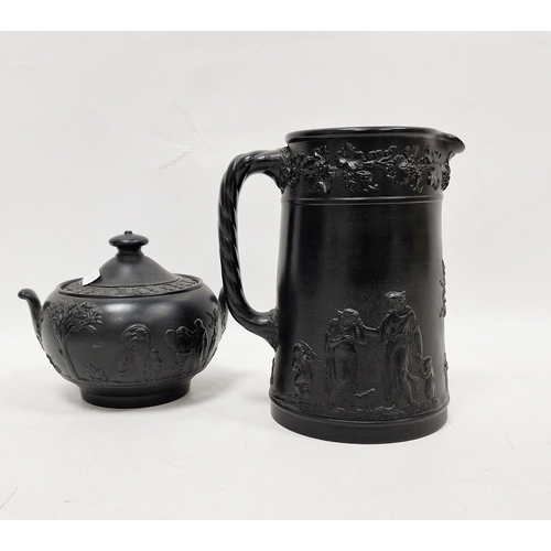 6 - Group of 20th century Wedgwood black basalt teawares, impressed marks, comprising two teapots and co... 