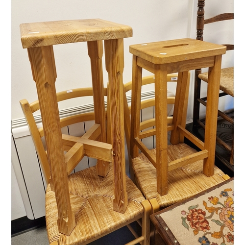 1084 - Pair of beech-framed modern chairs, a stool and a pine aspidistra stand (4)