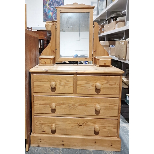 1254 - 20th century pine dressing chest with mirrored superstructure above the rectangular top with rounded... 