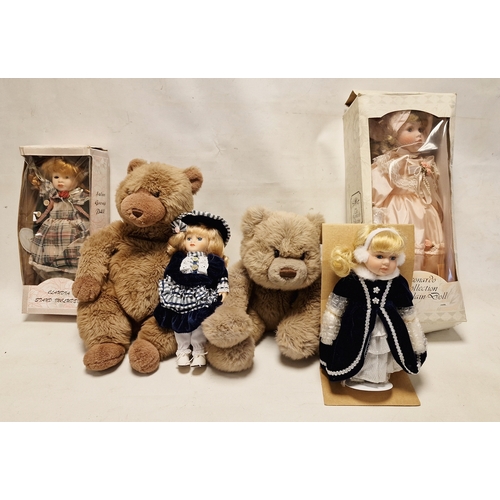 609 - Two modern Gund teddy bears together with a Avon porcelain doll 'Isabelle' and three other dolls (6)