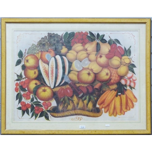 1361 - Colour print still life showing fruit with a melon being cut, cherries, grapes, apples, sweet pepper... 