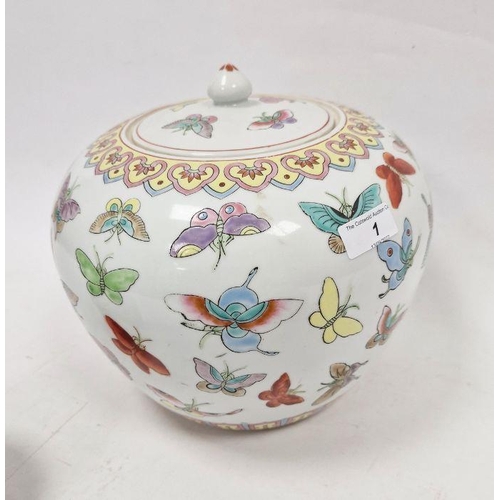 1 - 20th century lidded ovoid pot in the Chinese taste, decorated with butterflies and two ginger jars (... 