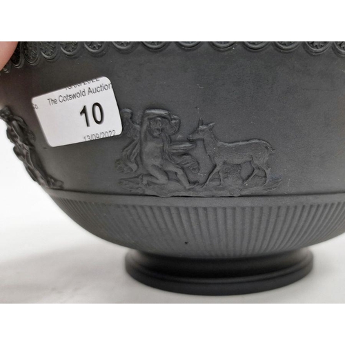 10 - Black basalt bowl in the manner of Wedgwood with decorated rim, the body with applied moulded scenes... 