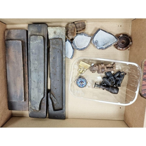 103 - Two vintage whetstones, a fossil of a Trilobite, a book of stamps and assorted further collectable i... 