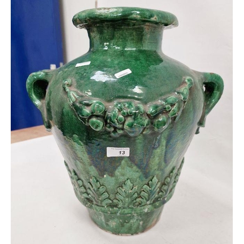 13 - 19th century French / Continental green glazed searthenware twin-handled pot with wreath and leaf de... 