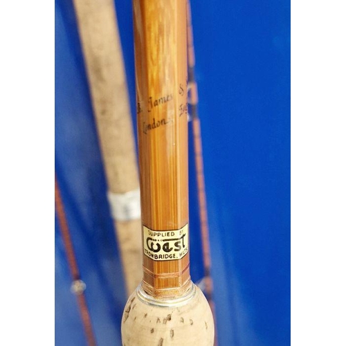 145 - Vintage  B James and Son two piece cane fishing rod, a B James and Son, Richard Walker signature Avo... 