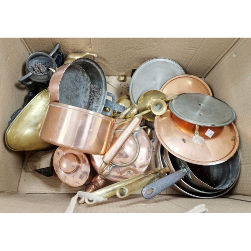 150 - Quantity of brass and copper items to include copper jugs, brass jug, kettles, teapot, pans, candles... 