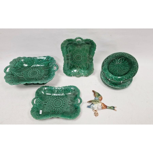 16 - Wedgwood majolica leaf plates, tazza, serving dishes and a Royal Dux wall-hanging mallard duck