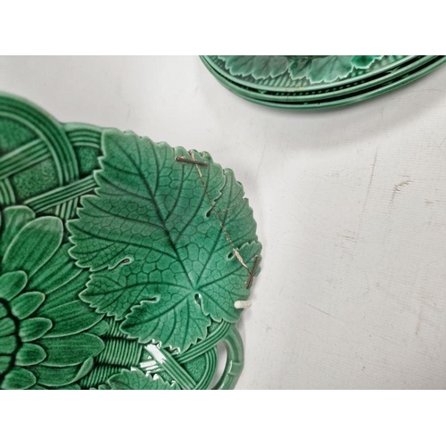 16 - Wedgwood majolica leaf plates, tazza, serving dishes and a Royal Dux wall-hanging mallard duck