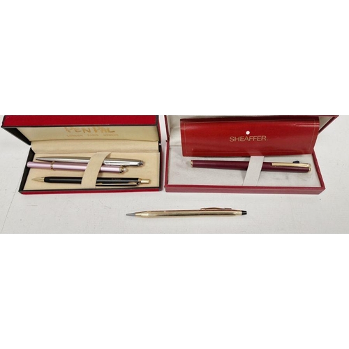 160 - Sheaffer fountain pen in case, a propelling pencil, Parker pen, etc (5)