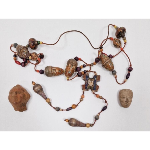 161 - Treen beaded necklace including ones in the form of acorns, two small stone masks (1 tray)