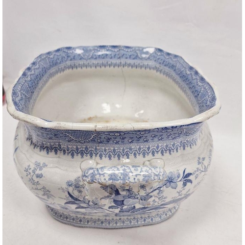 22 - Large blue and white footbath with floral decoration, indistinctly marked to base, 21cm x 47cm x 32c... 