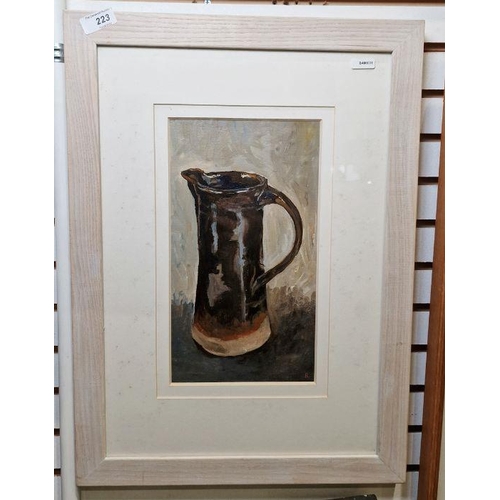 223 - 20th century school
 oil
 Still life study of stoneware treacle glazed jug, initialled 'R' lower rig... 