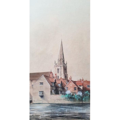 237 - Ken Messer (20th century)
 Watercolour
 Study of town by river, signed lower left, 34.5cm x 17.5cm