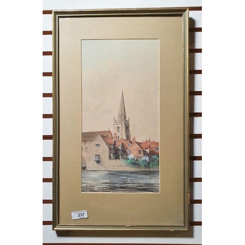 237 - Ken Messer (20th century)
 Watercolour
 Study of town by river, signed lower left, 34.5cm x 17.5cm