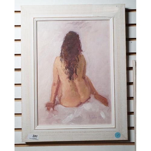 241 - E Tyler 
 Oil on board 
 Nude study of female form, signed and dated 03 lower right, 34cm x 22.5cm