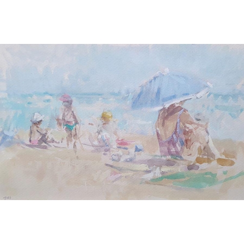 242 - 20th century school
 Watercolour
 Figures on beach, indistinctly initialled lower left, 14cm x 23cm