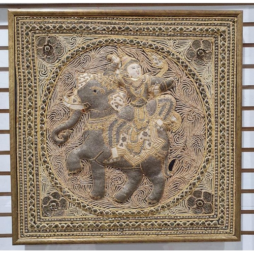 258 - Eastern textile of Deity on elephant in gold-coloured thread, 50cm x 49.5cm