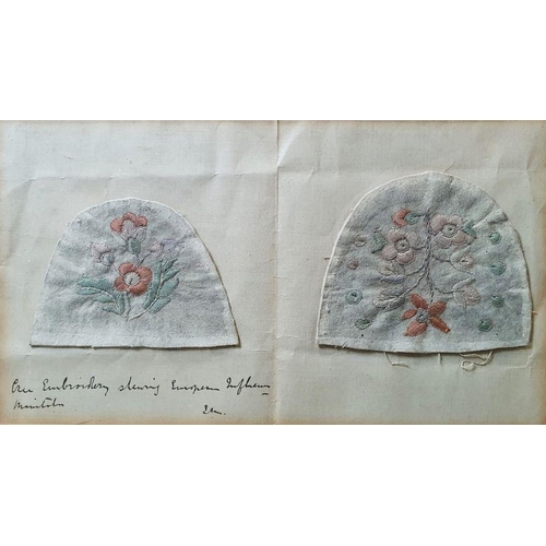 263 - Two mounted needleworks, possibly moccasin tops, with pen inscription 'Cree Embroidery Showing Europ... 