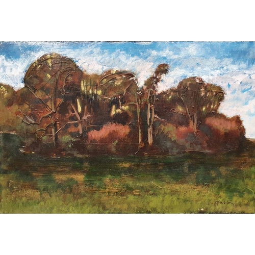 264 - I Guillon(?) 
 Oil on board
 Landscape wooded study, indistinctly signed lower right, 30cm x 46cm