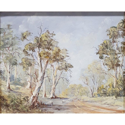 265 - Christine Ellis 
 Oil on board 
 Wooded lane, signed lower, labelled verso, 24cm x 28.5cm