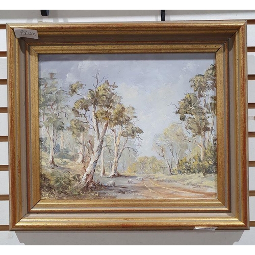 265 - Christine Ellis 
 Oil on board 
 Wooded lane, signed lower, labelled verso, 24cm x 28.5cm