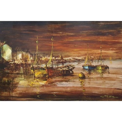 270 - Dom Sutton(?) 
 Oil on board
 Moored fishing vessels, indistinctly signed lower right, 60cm x 90cm