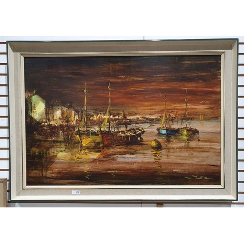 270 - Dom Sutton(?) 
 Oil on board
 Moored fishing vessels, indistinctly signed lower right, 60cm x 90cm