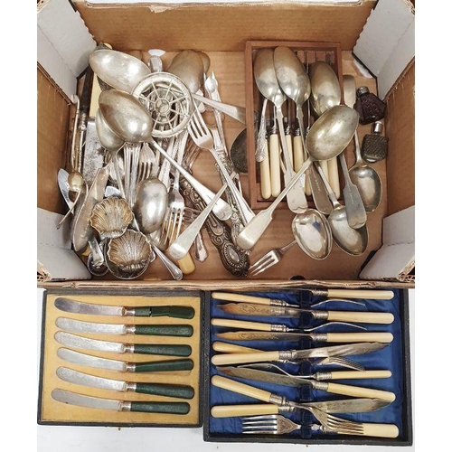 281 - Quantity of plated flatware, some cased sets, teapot, two-handled sugar bowl and milk jug (1 box)