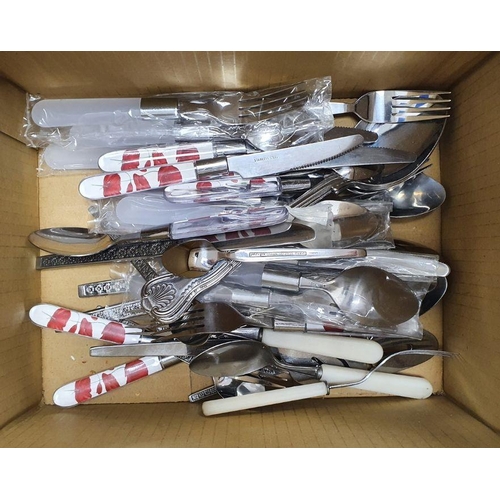 282 - Quantity of cased flatware, some loose, plated trays, souvenir spoons (2 boxes)